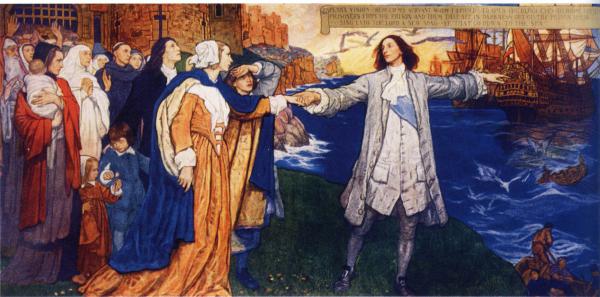 A colorful mural in which Penn is standing, arms outstretched, between a group of people, and two ships awaiting passengers that are moored behind him.